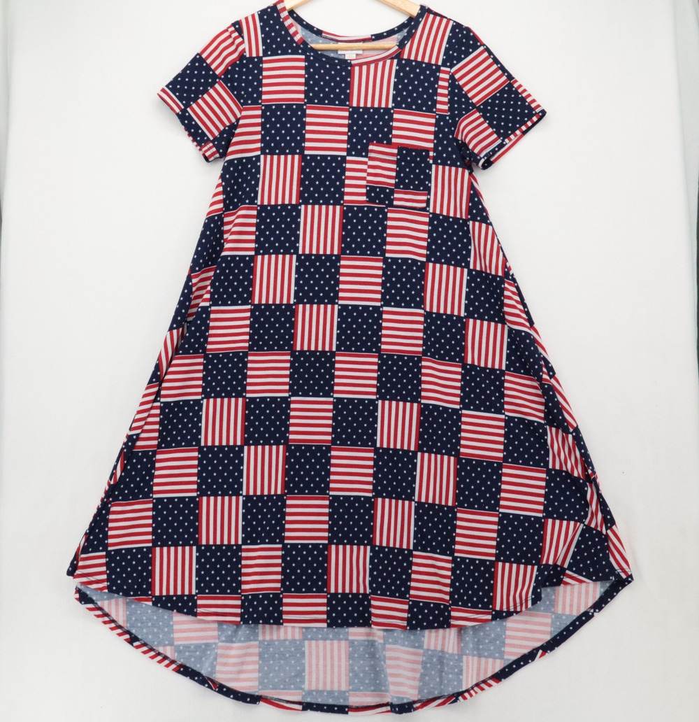 LULAROE Size XS Patriotic Dress Short Sleeve High Low Stars & Stripes USA Womens
